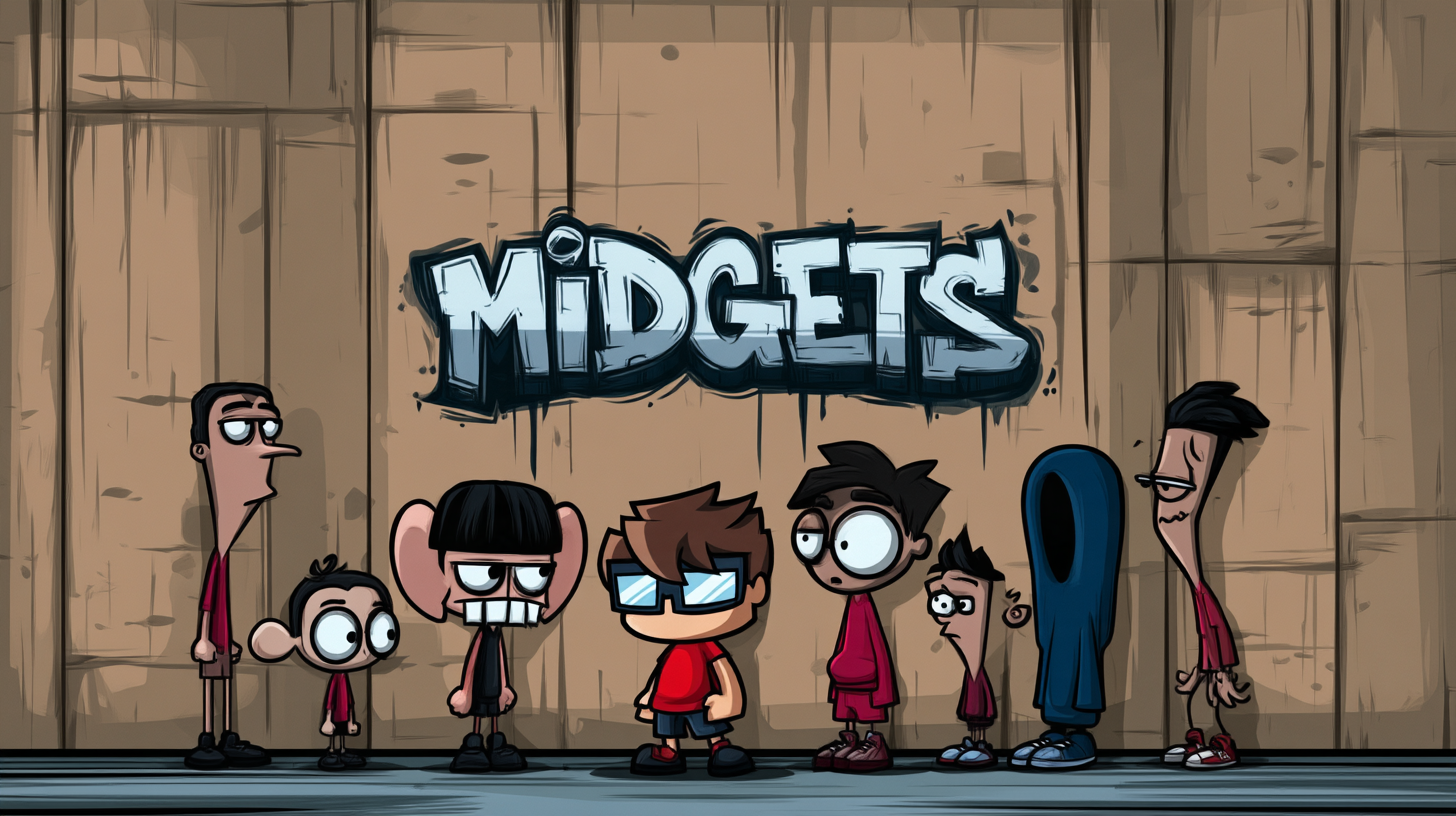 MIDGETS — character lineup beneath the MIDGETS wall wordmark